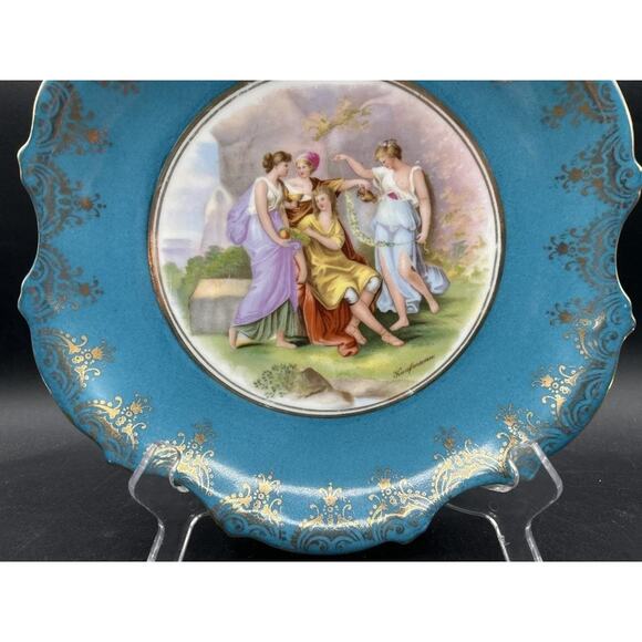 Victoria Austria Sevres Style Kaufmann Watteau Scene Plate Celeste Blue 22K Gold - Picture 4 of 11